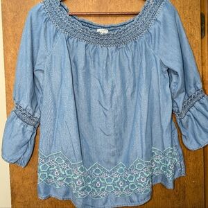 CROWN & IVY ~ Blue Jean off the shoulder Shirt